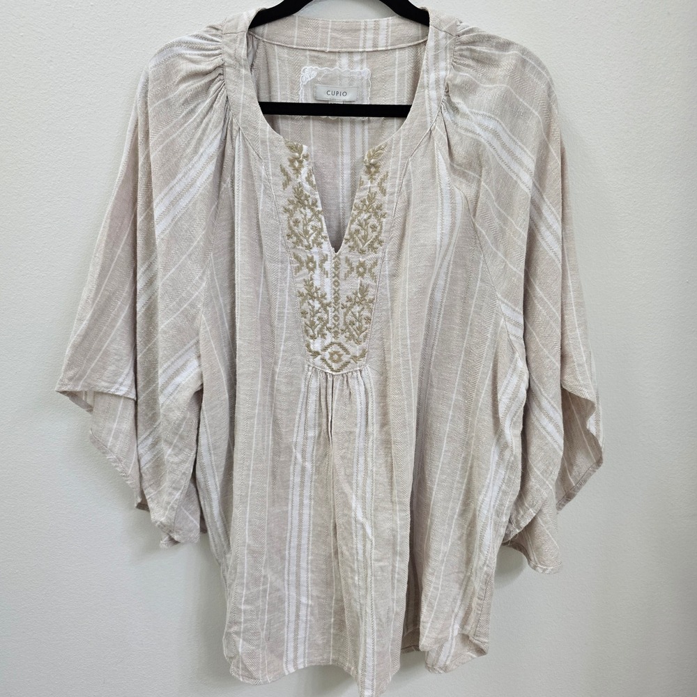 Cupio Womens XL Linen Blend Striped Embroidered V-Neck Kimono‎ Sleeve Blouse Top